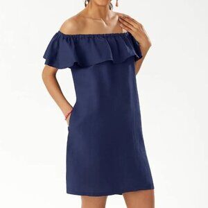 Tommy Bahama Linen Blend Off-The-Shoulder Dress Navy Blue Size M Summer Casual
